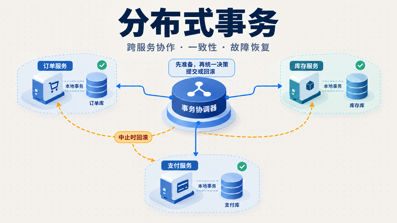 订单、库存与支付通过协调机制协作的分布式事务概念图